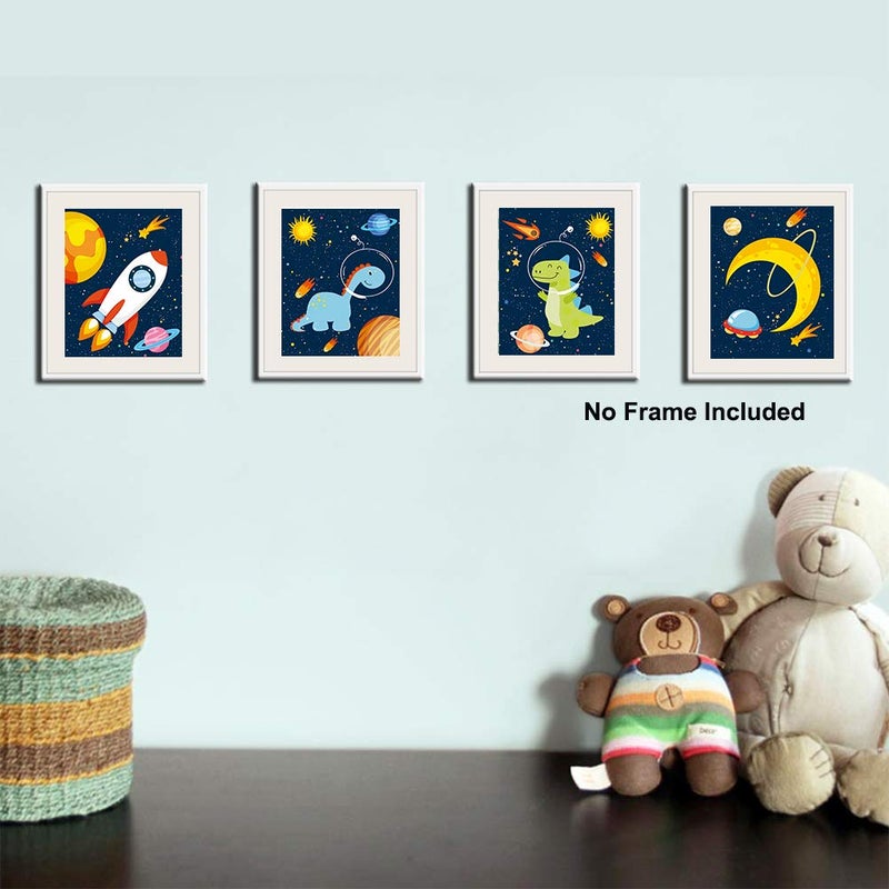 KAIRNE Dinosaur Outer Space Art Print, Solar System Planet Canvas Poster,Set of 4 (8X10inch,Unframed) Animal Astronaut Wall Art for Kid Room Decor - Image 2